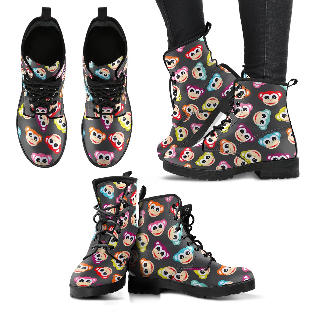 Monkey Head Design Themed Print Women Leather Boots-JTAMIGO.COM