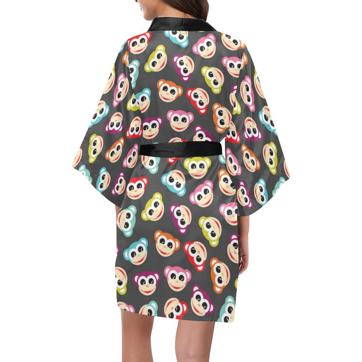 Monkey Head Design Themed Print Women Short Kimono Robe