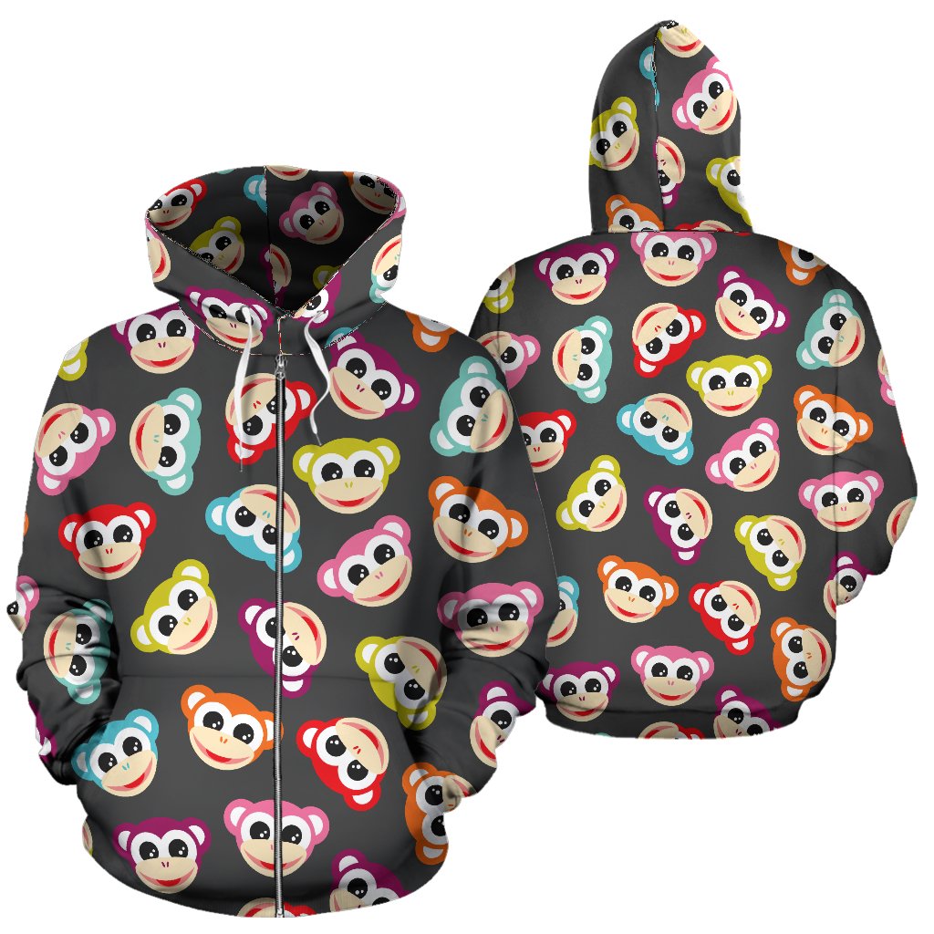 Monkey Head Design Themed Print Zip Up Hoodie