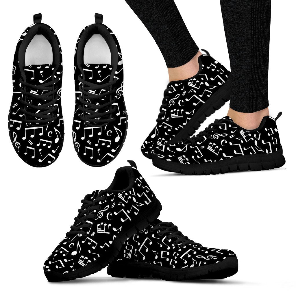 Music Note Black White Themed Print Women Sneakers Shoes