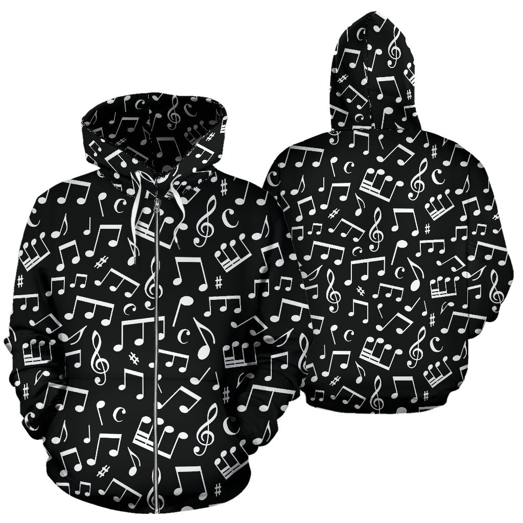 Music Note Black White Themed Print Zip Up Hoodie