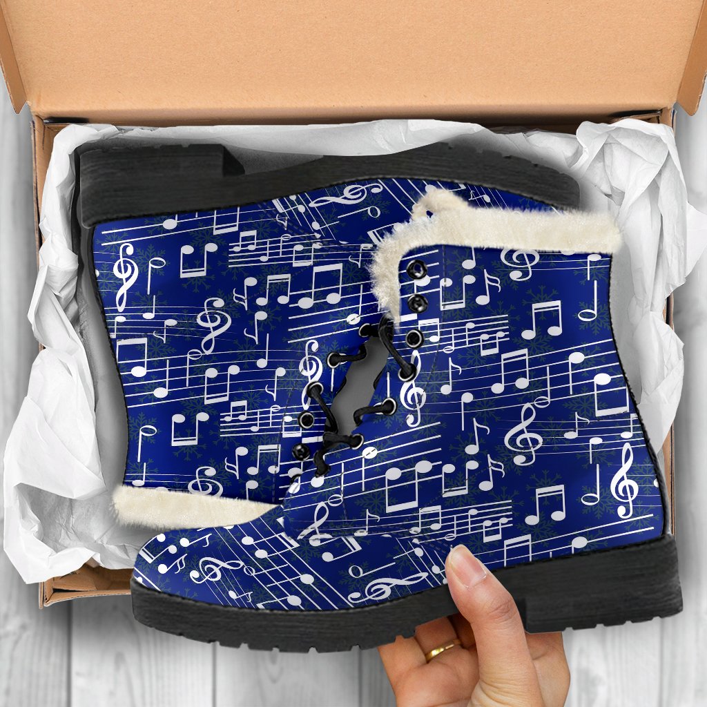 Music Note Blue Themed Print Faux Fur Leather Boots-JTAMIGO.COM