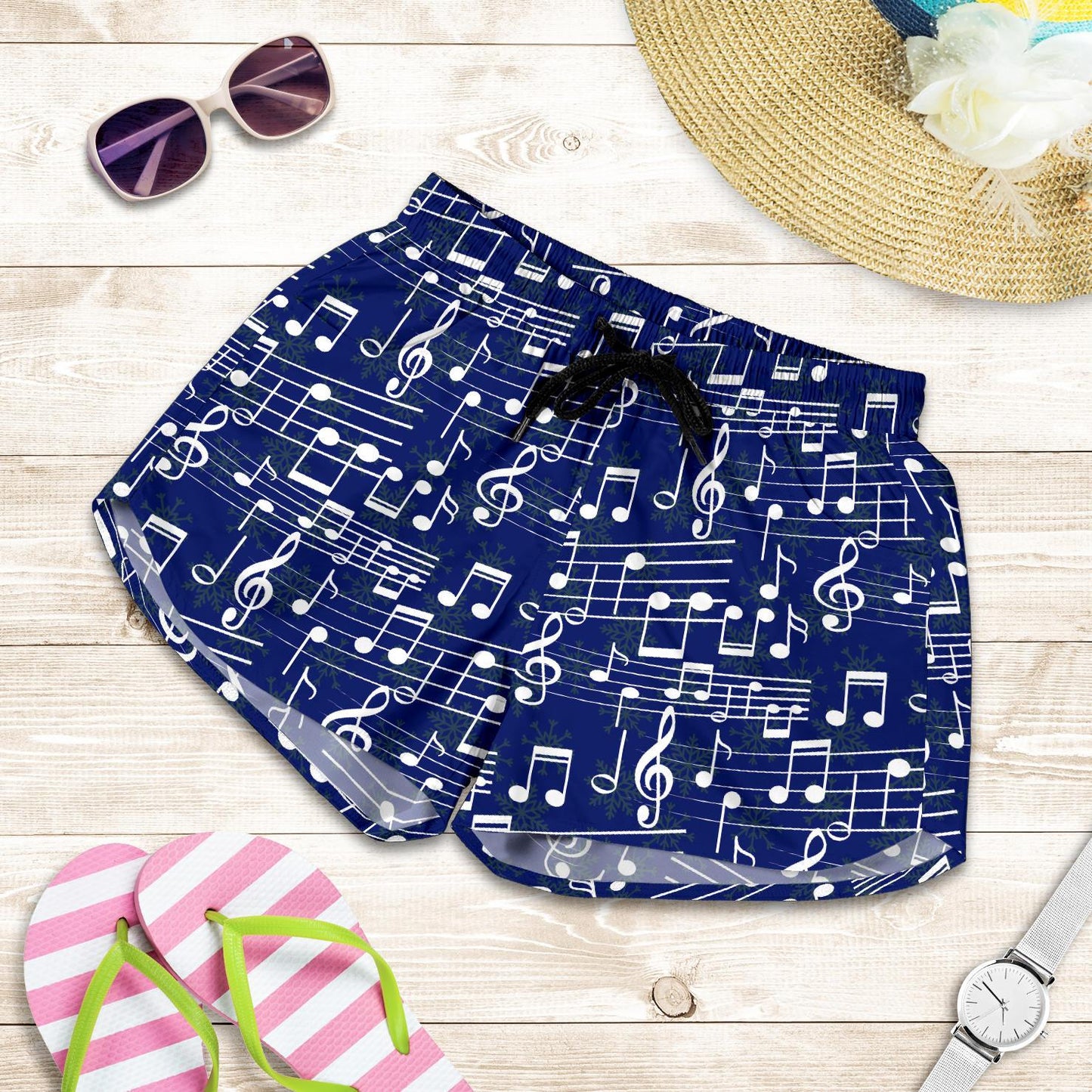 Music Note Blue Themed Print Women Shorts-JTAMIGO.COM