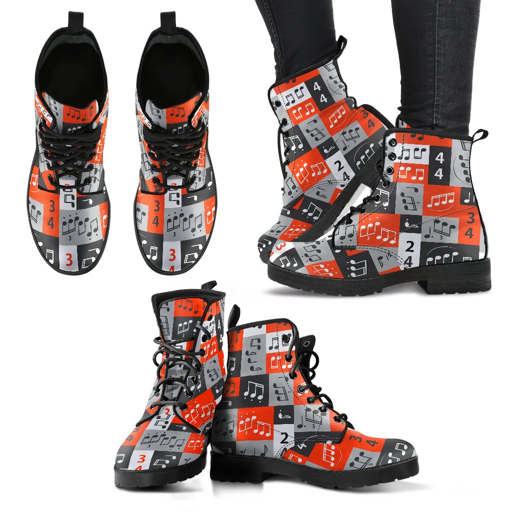 Music Note Design Themed Print Women Leather Boots-JTAMIGO.COM