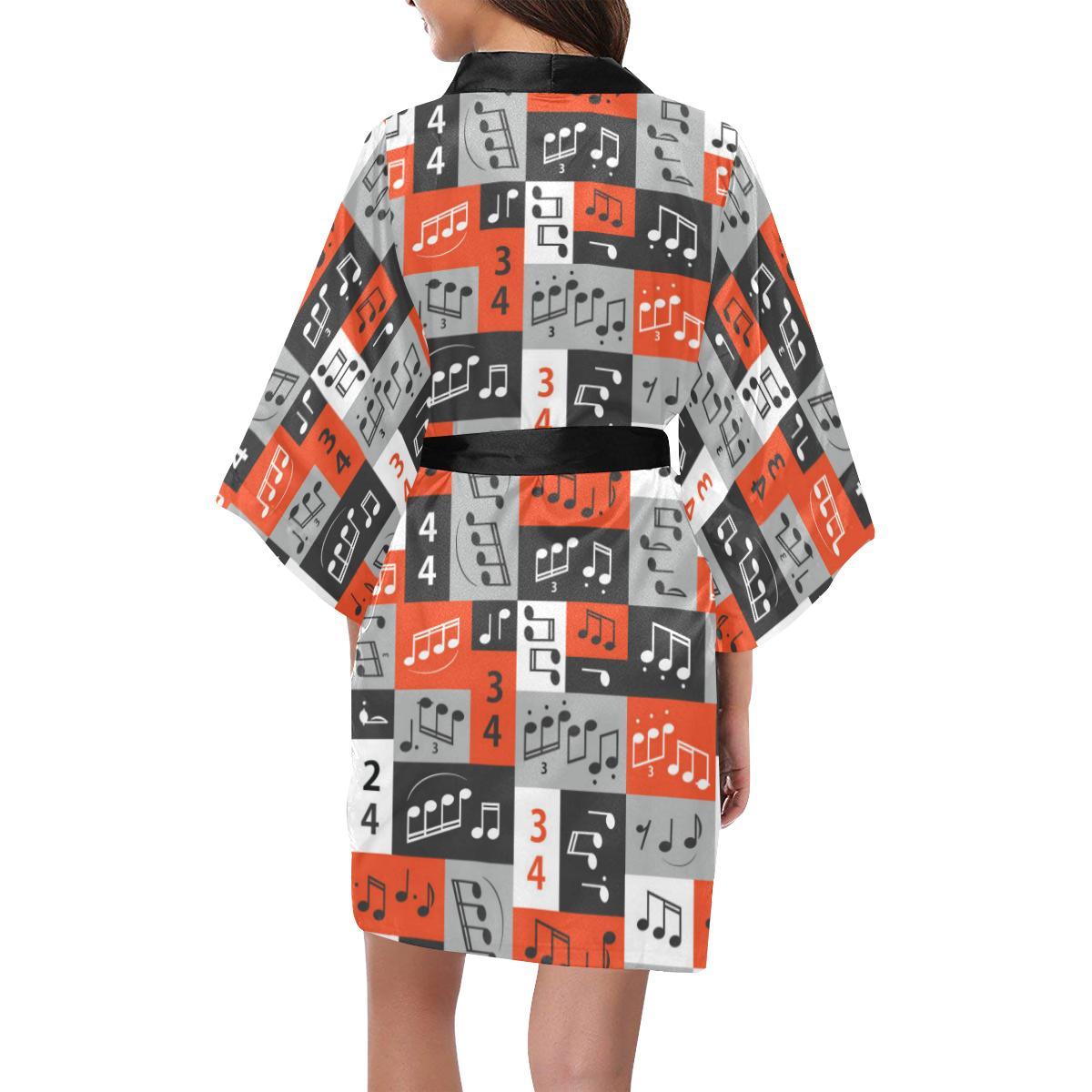 Music Note Design Themed Print Women Short Kimono Robe