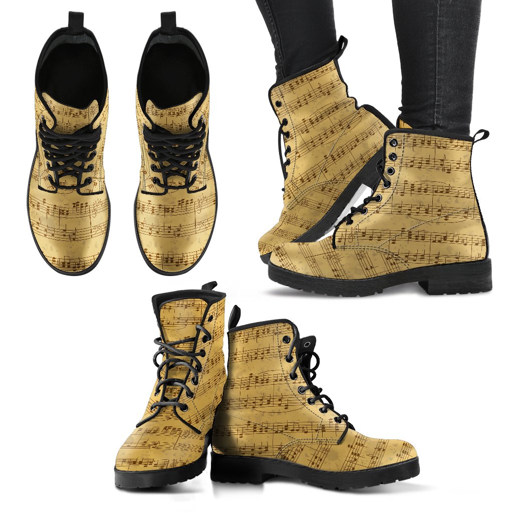 Music Note Vintage Themed Print Women Leather Boots-JTAMIGO.COM