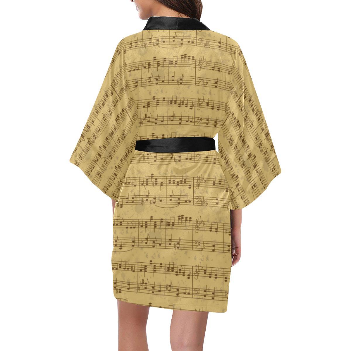 Music Note Vintage Themed Print Women Short Kimono Robe
