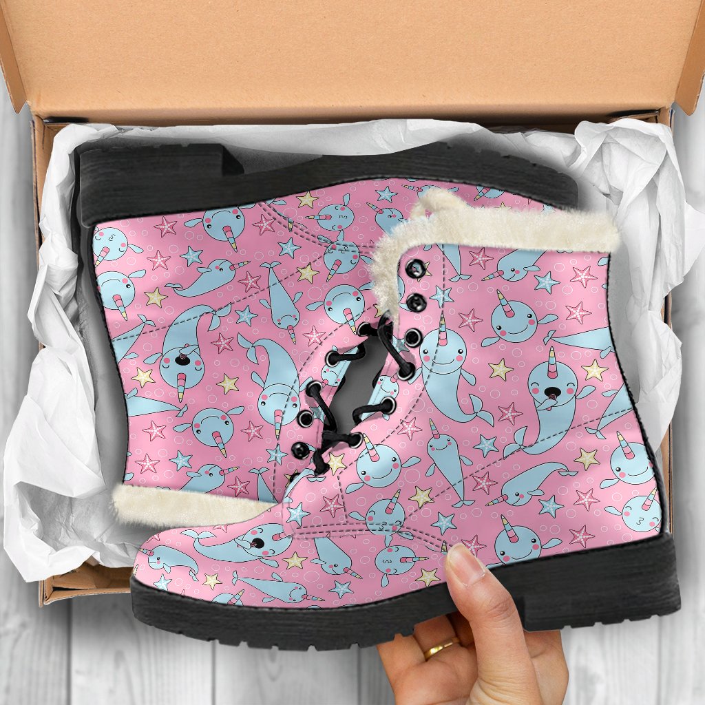 Narwhal Cartoon Cute Print Faux Fur Leather Boots-JTAMIGO.COM