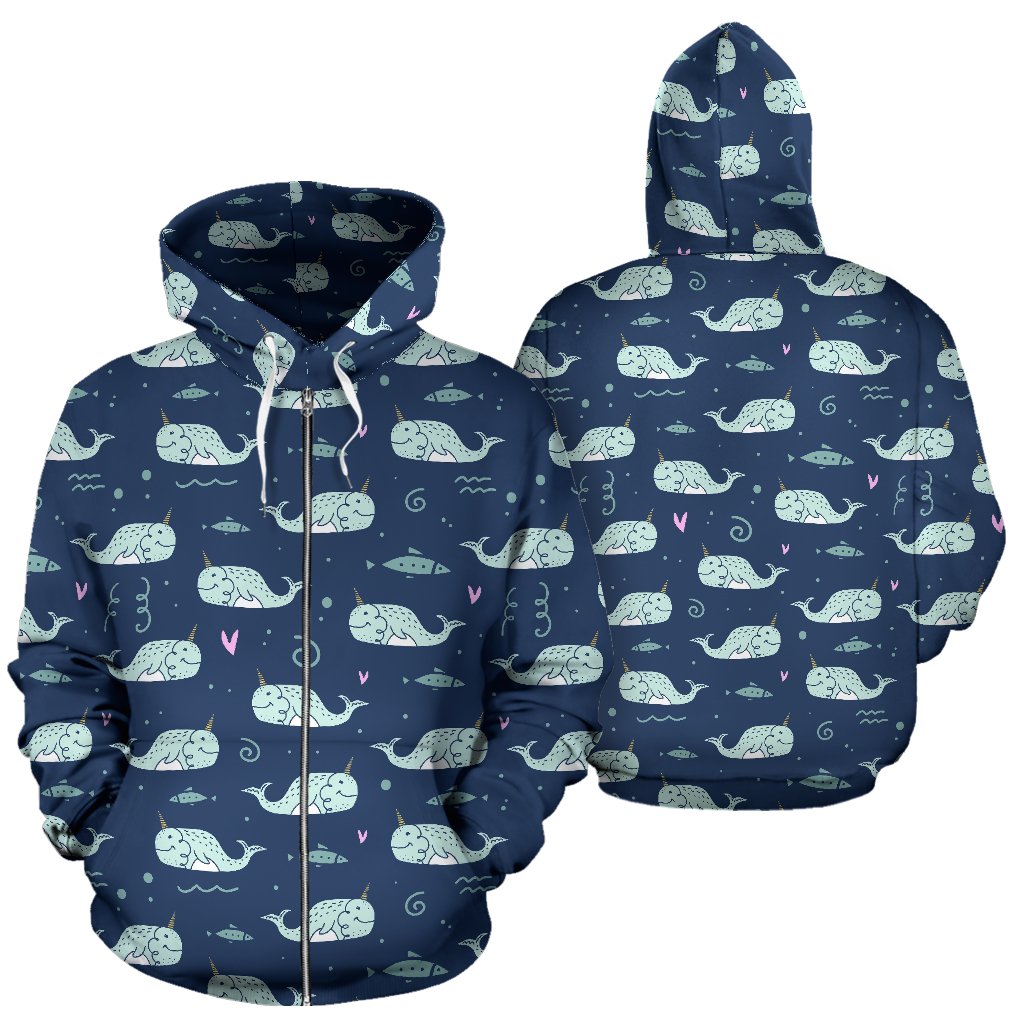 Narwhal Design Print Zip Up Hoodie