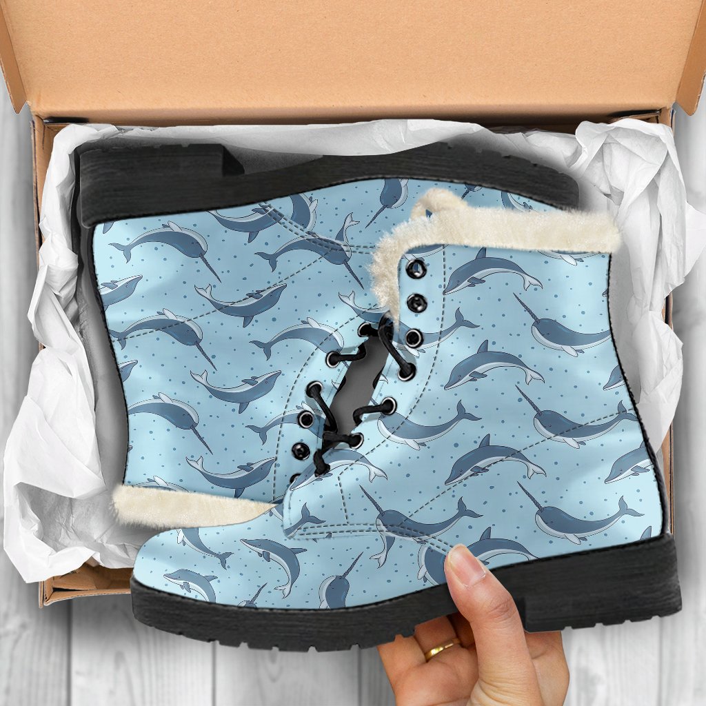 Narwhal Dolphin Print Faux Fur Leather Boots-JTAMIGO.COM