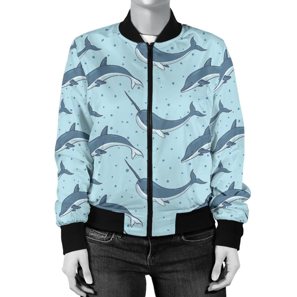 Narwhal Dolphin Print Women Casual Bomber Jacket