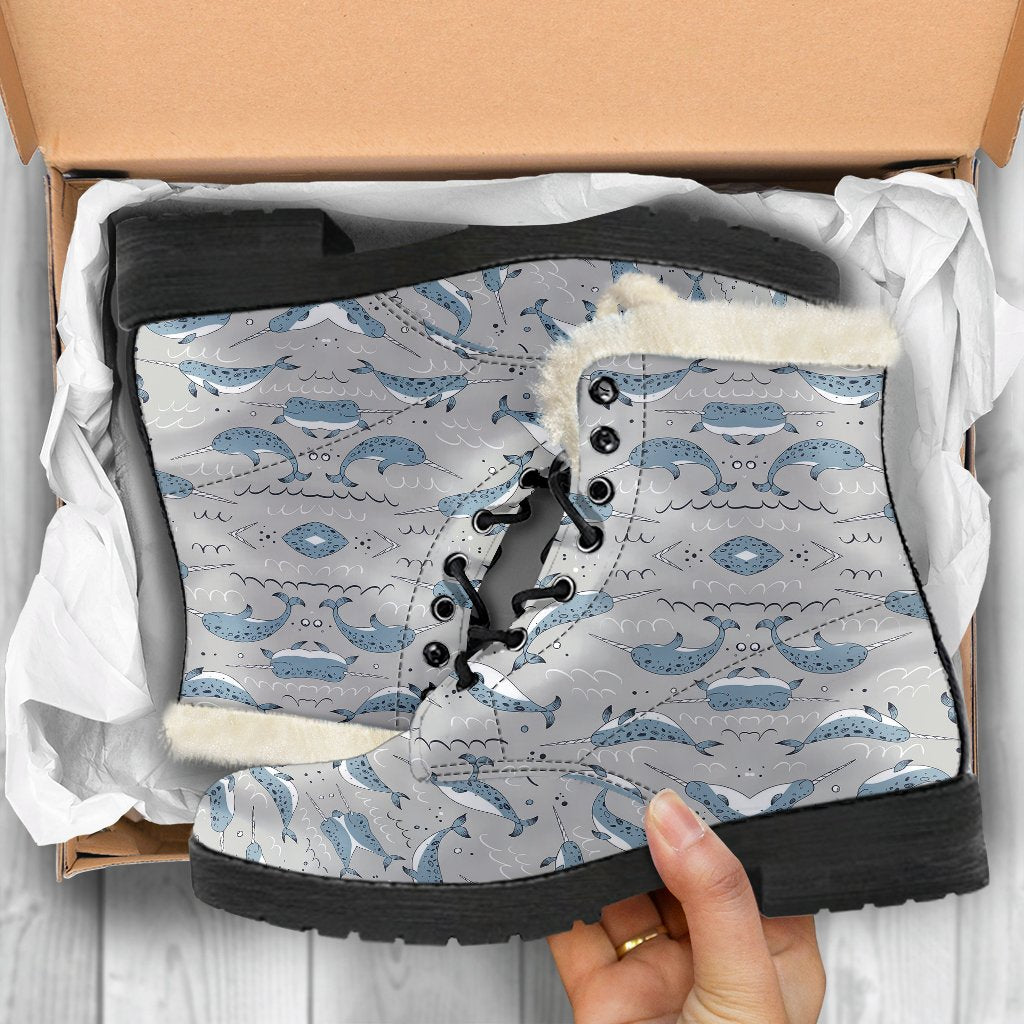 Narwhal Pattern Print Faux Fur Leather Boots-JTAMIGO.COM