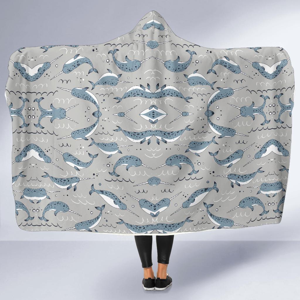 Narwhal Pattern Print Hooded Blanket-JTAMIGO.COM