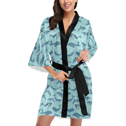 Narwhal Themed Print Women Short Kimono Robe