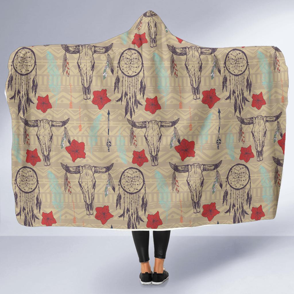Native Buffalo Head Themed Design Print Hooded Blanket-JTAMIGO.COM