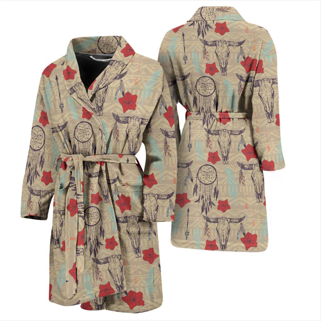 Native Buffalo Head Themed Design Print Men Bath Robe-JTAMIGO.COM