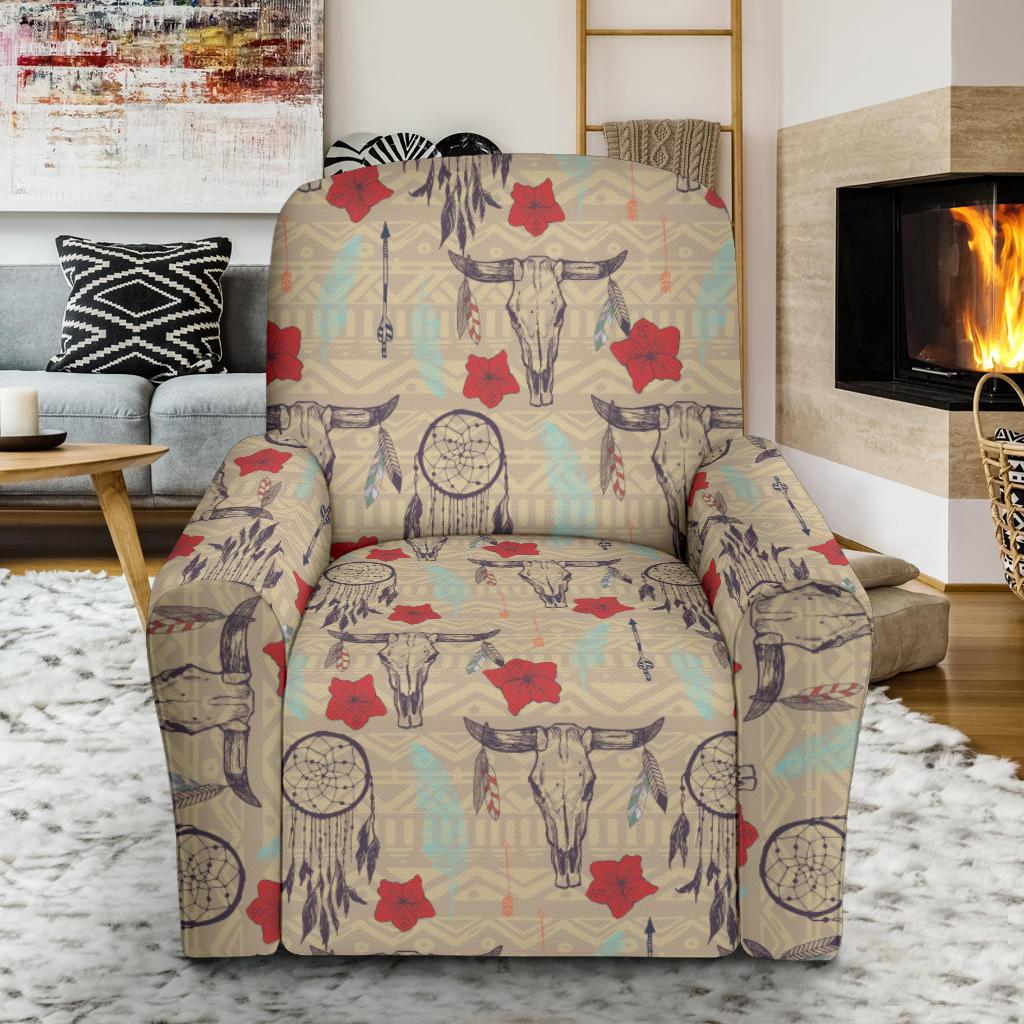Native Buffalo Head Themed Design Print Single Sofa Slipcover -JTAMIGO.COM