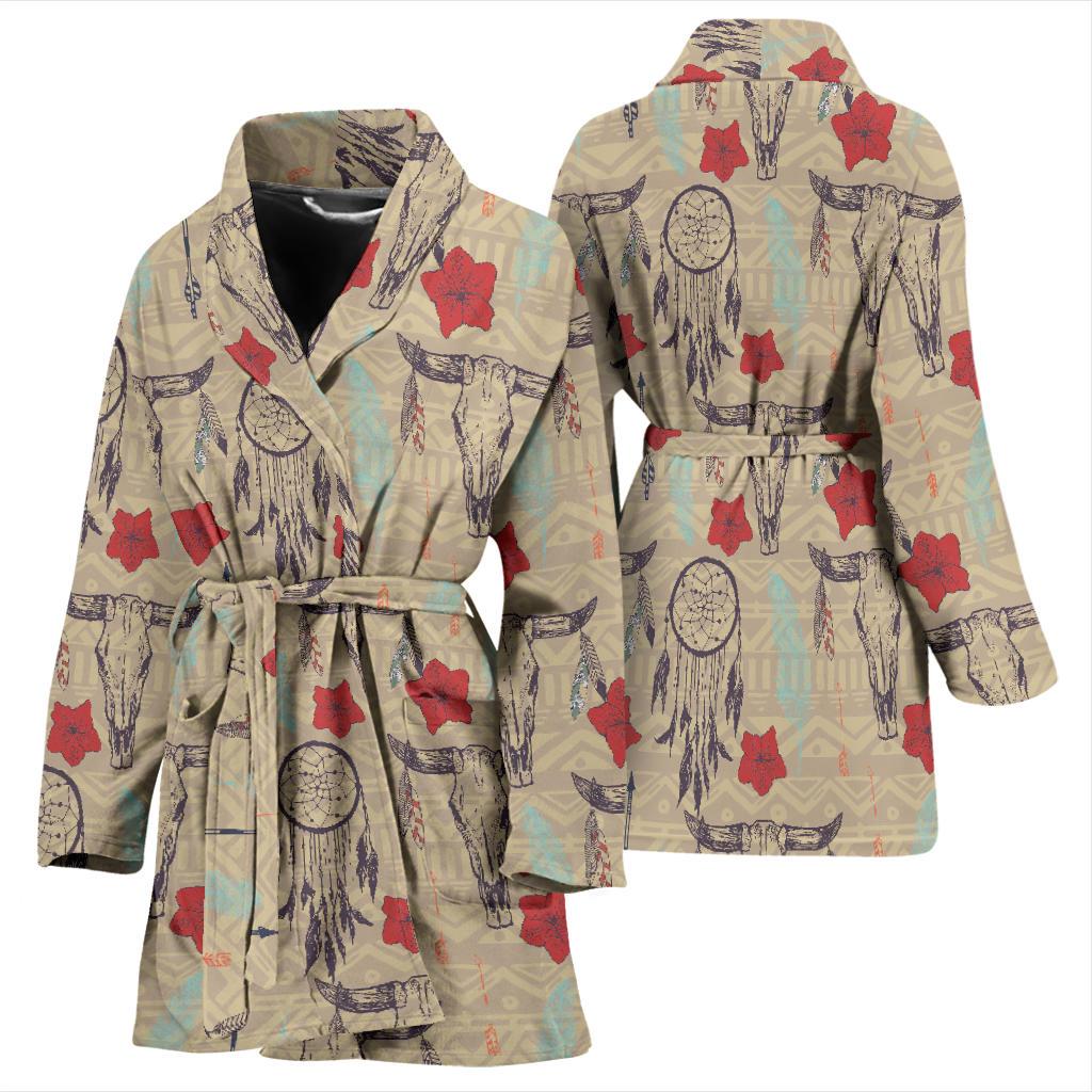 Native Buffalo Head Themed Design Print Women Bath Robe-JTAMIGO.COM