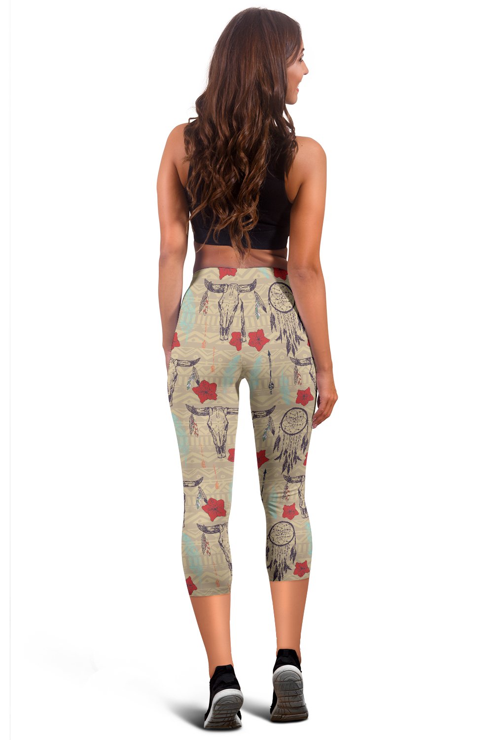 Native Buffalo Head Themed Design Print Women Capris
