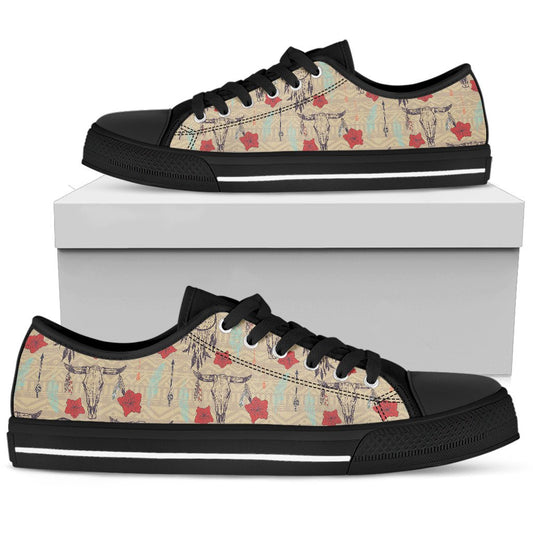 Native Buffalo Head Themed Design Print Women Low Top Shoes-JTAMIGO.COM