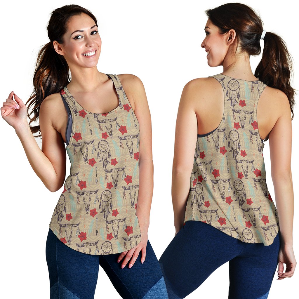 Native Buffalo Head Themed Design Print Women Racerback Tank Top