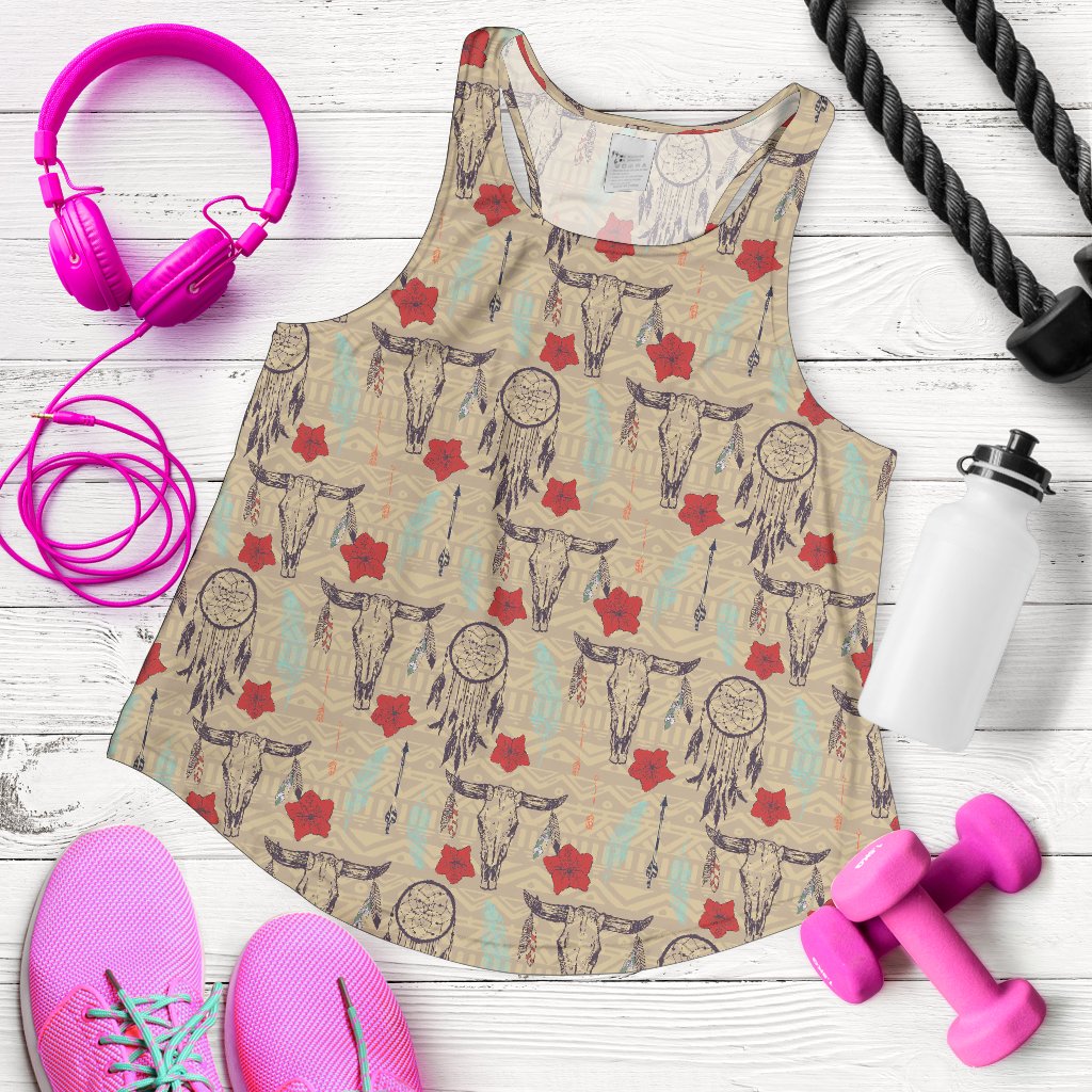 Native Buffalo Head Themed Design Print Women Racerback Tank Top