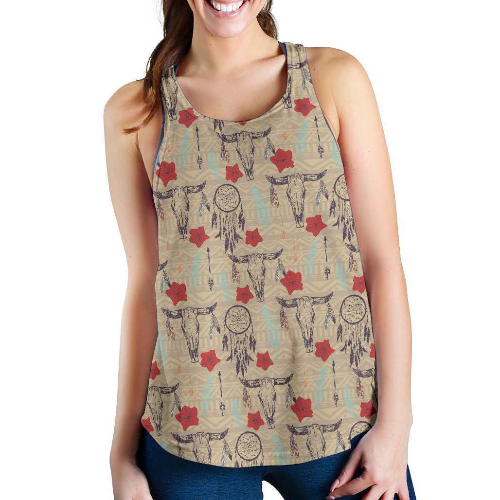 Native Buffalo Head Themed Design Print Women Racerback Tank Top