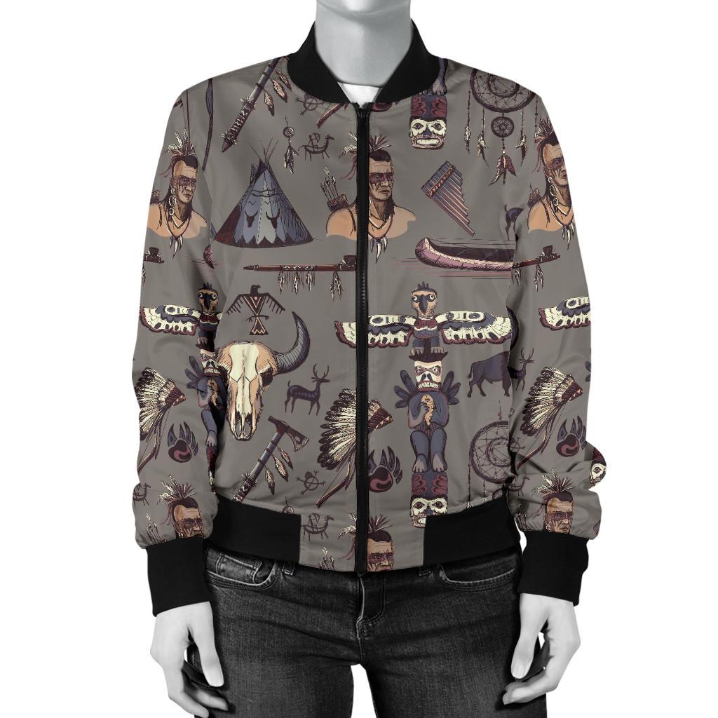 Native Indian life Design Print Women Casual Bomber Jacket