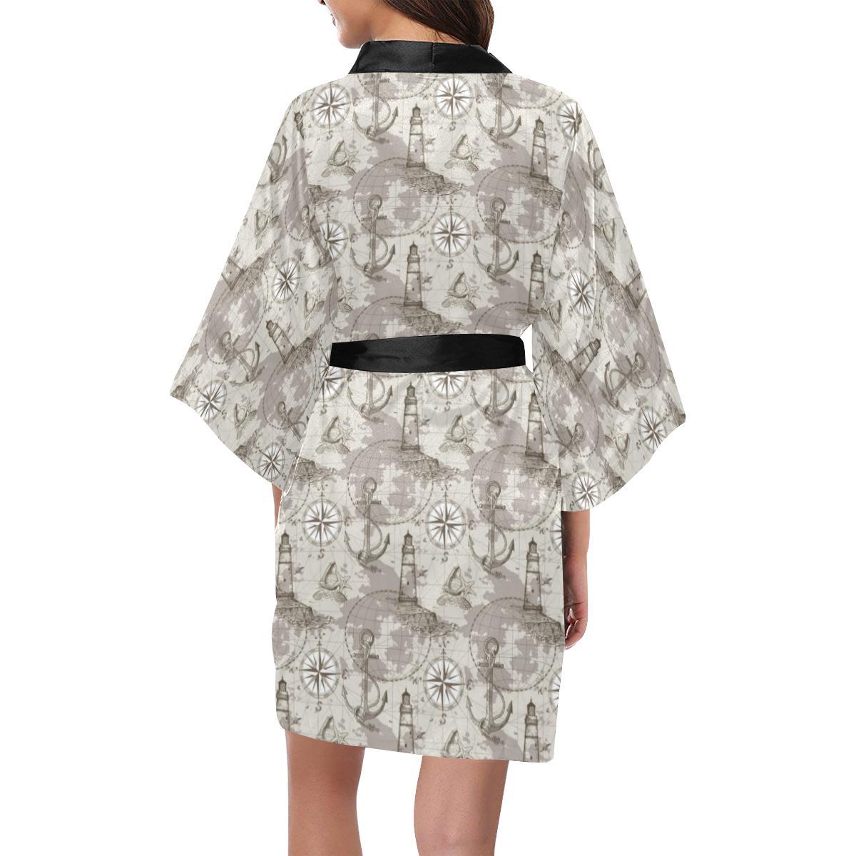 Nautical Map Design Themed Print Women Short Kimono Robe