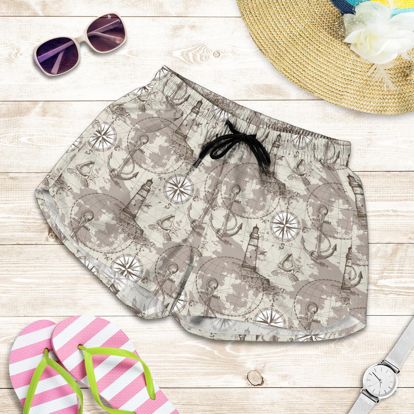 Nautical Map Design Themed Print Women Shorts-JTAMIGO.COM