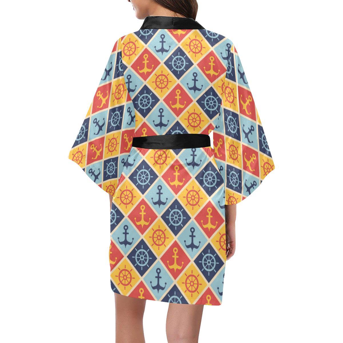 Nautical Pattern Design Themed Print Women Short Kimono Robe