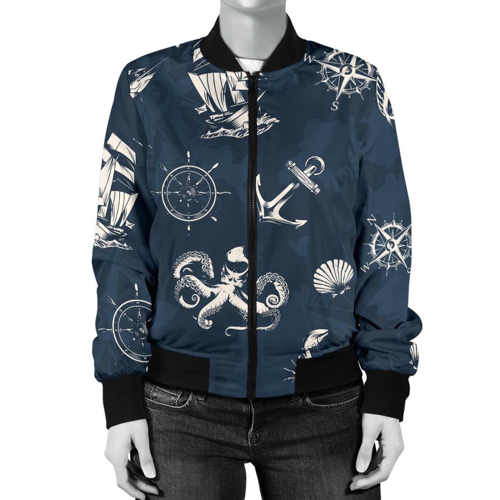 Nautical Sea Themed Print Women Casual Bomber Jacket