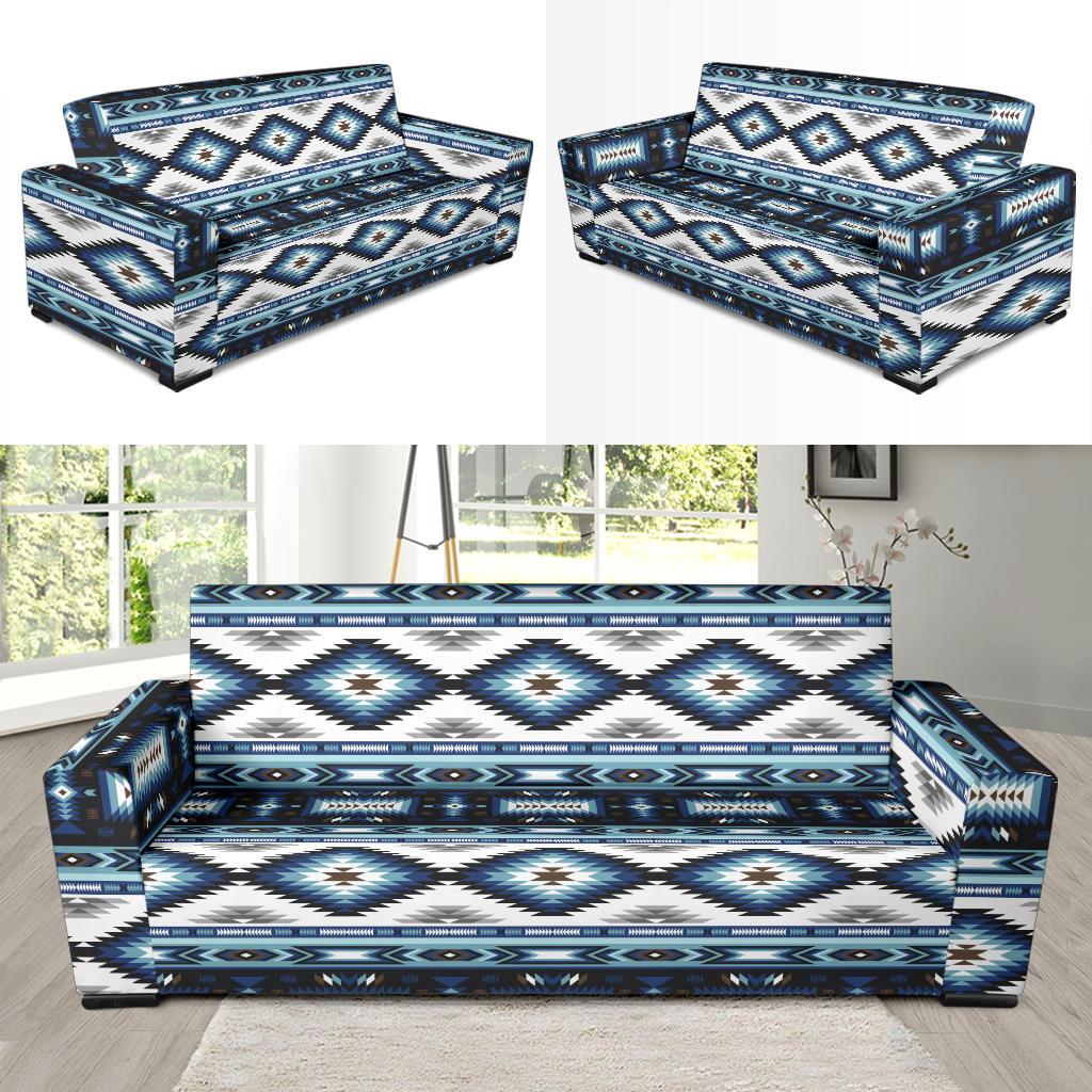 Navajo Dark Blue Print Pattern Sofa Slipcover-JTAMIGO.COM