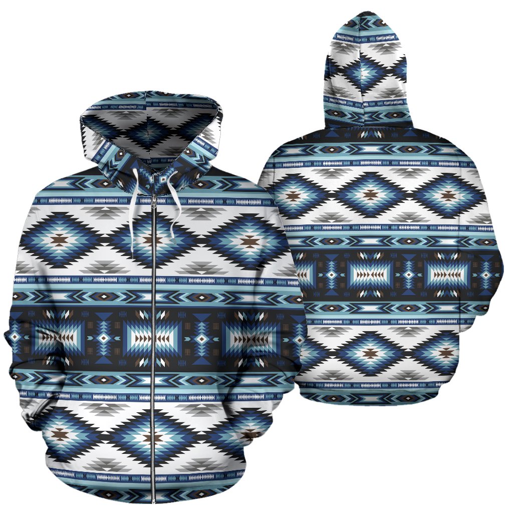 Navajo Dark Blue Print Pattern Zip Up Hoodie