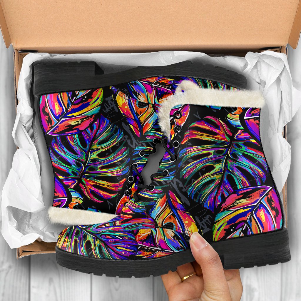 Neon Color Tropical Palm Leaves Faux Fur Leather Boots-JTAMIGO.COM