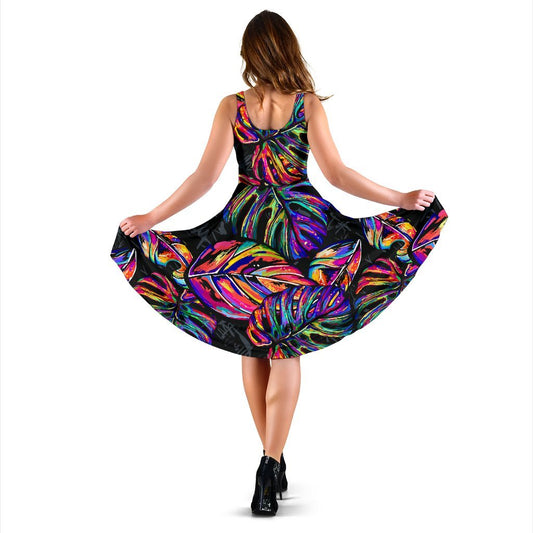 Neon Color Tropical Palm Leaves Sleeveless Dress