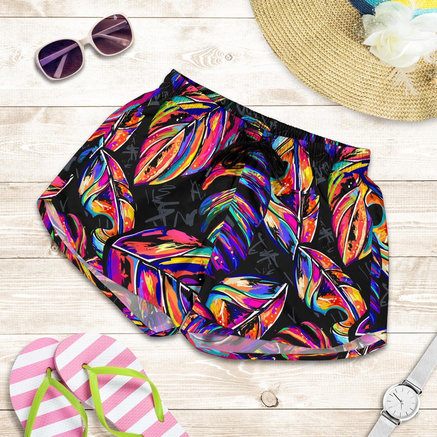 Neon Color Tropical Palm Leaves Women Shorts-JTAMIGO.COM