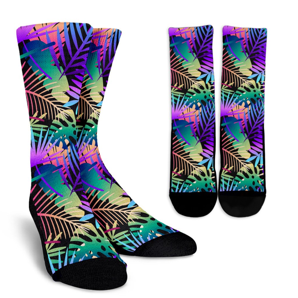 Neon Flower Tropical Palm Leaves Crew Socks