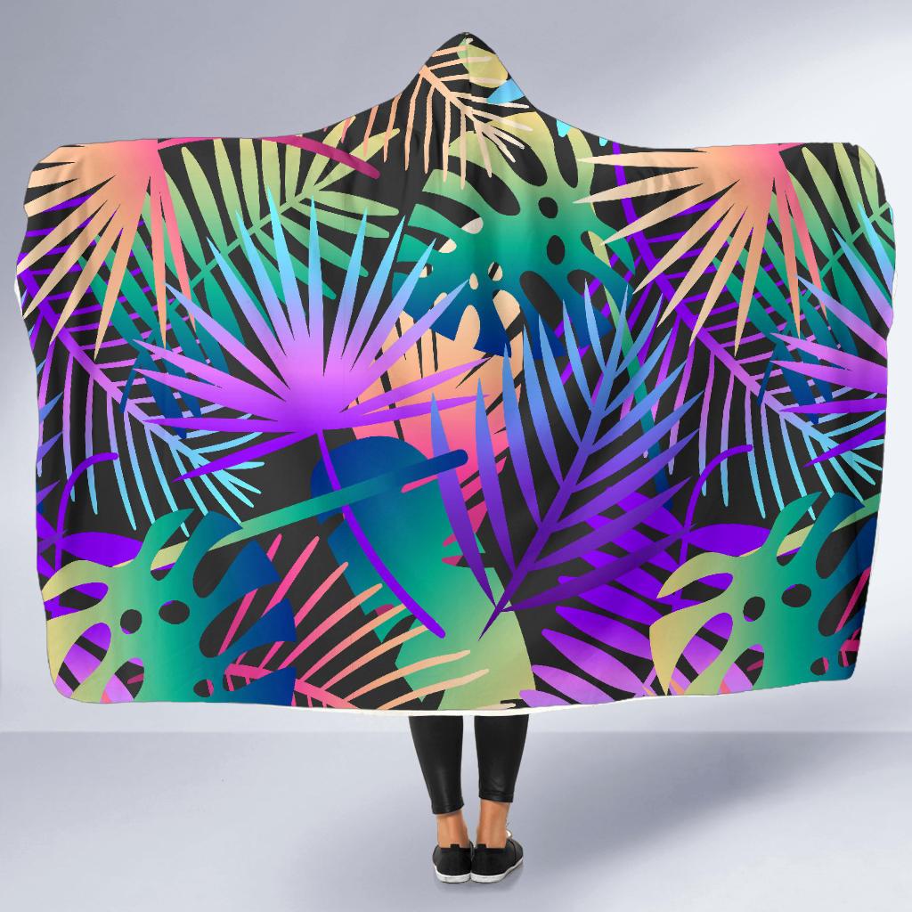 Neon Flower Tropical Palm Leaves Hooded Blanket-JTAMIGO.COM