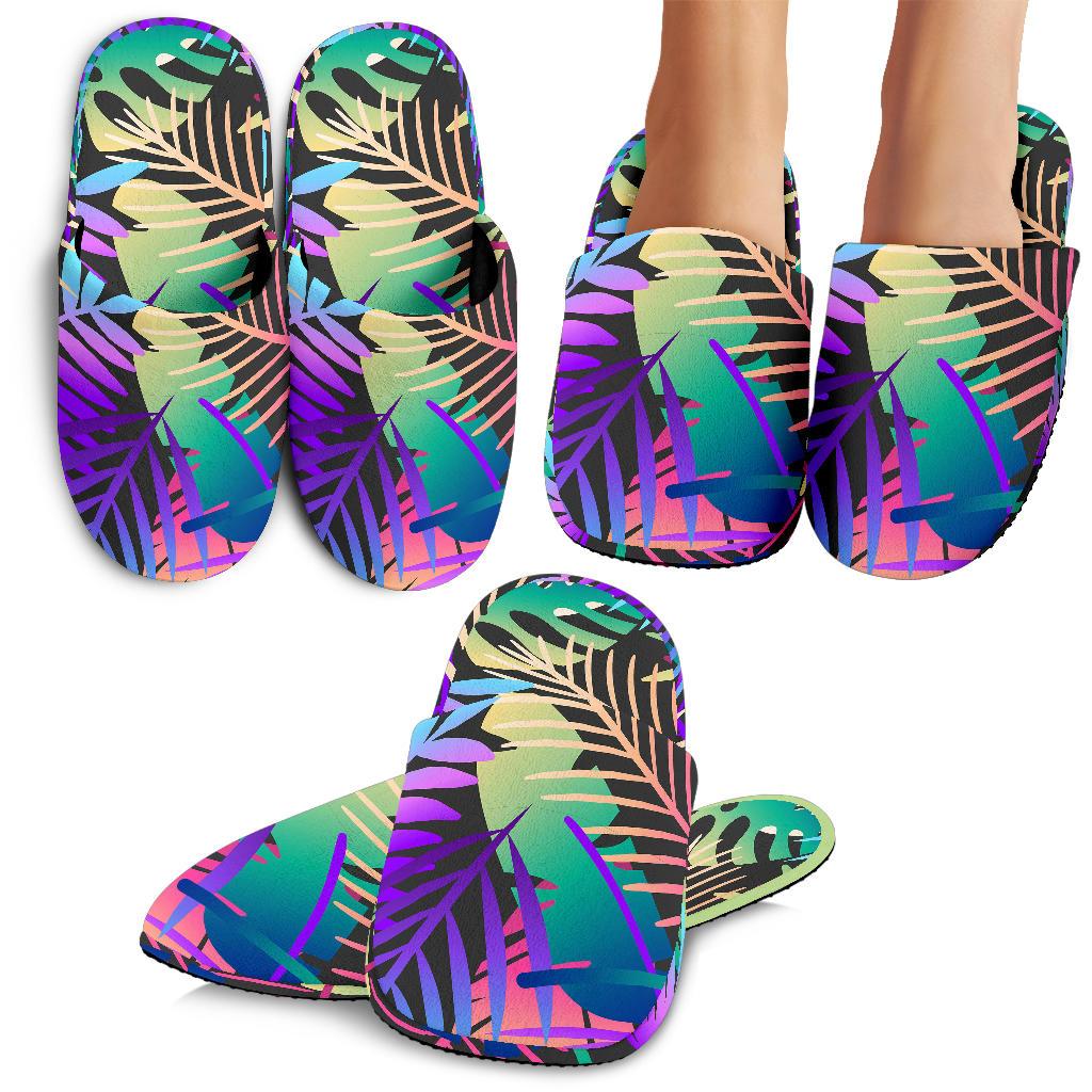 Neon Flower Tropical Palm Leaves House Slippers