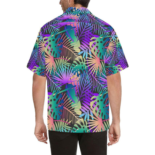 Neon Flower Tropical Palm Leaves Men Aloha Hawaiian Shirt