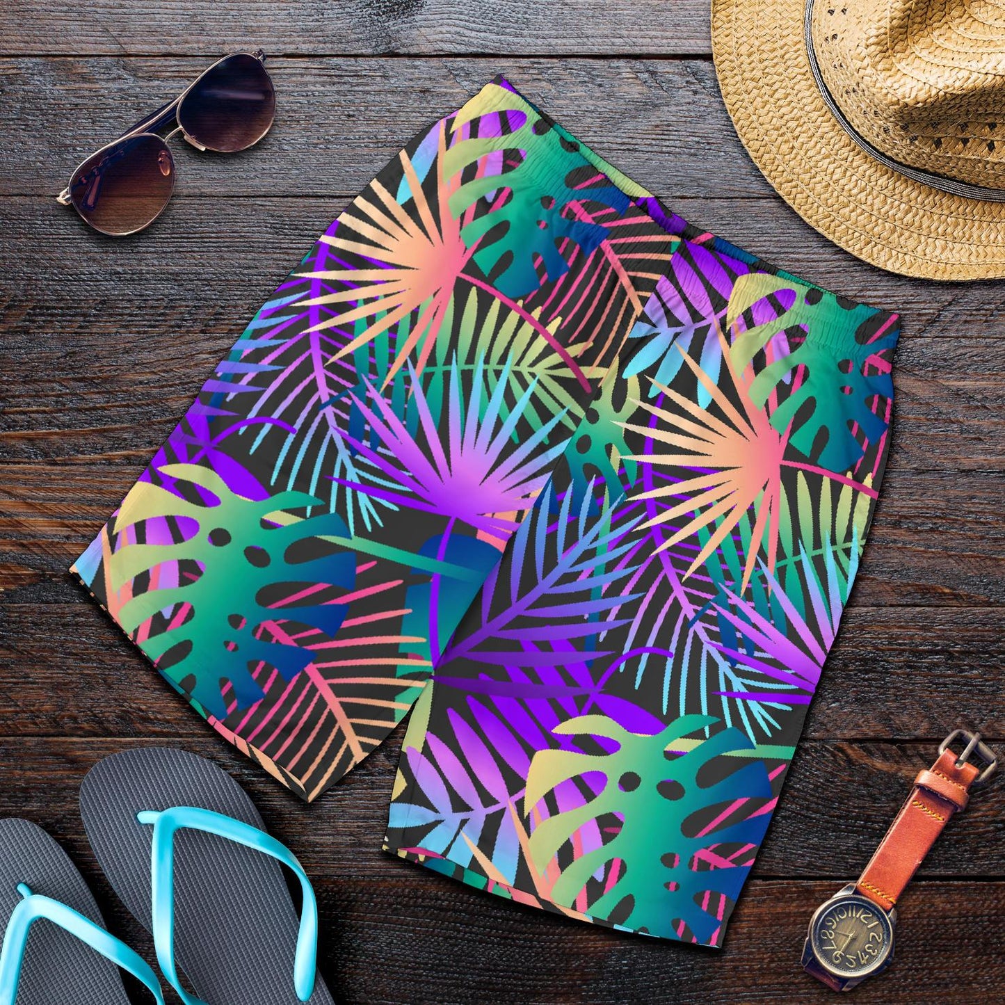 Neon Flower Tropical Palm Leaves Mens Shorts-JTAMIGO.COM