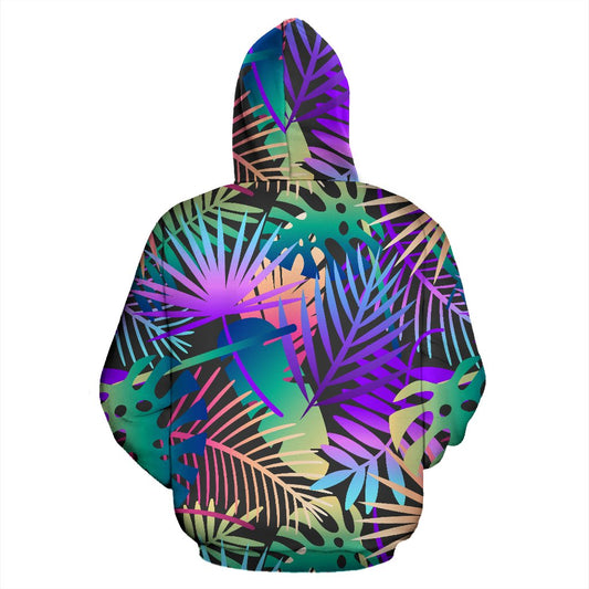 Neon Flower Tropical Palm Leaves Pullover Hoodie