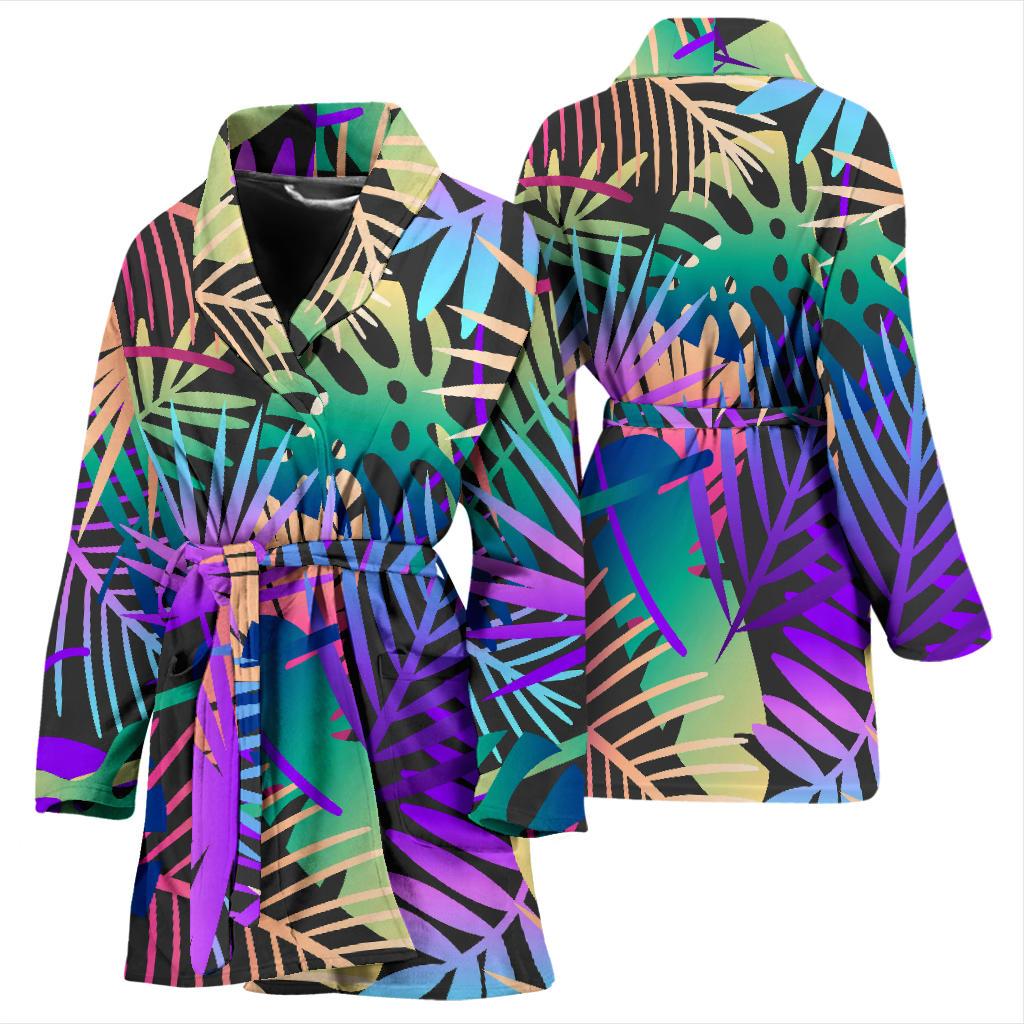 Neon Flower Tropical Palm Leaves Women Bath Robe-JTAMIGO.COM
