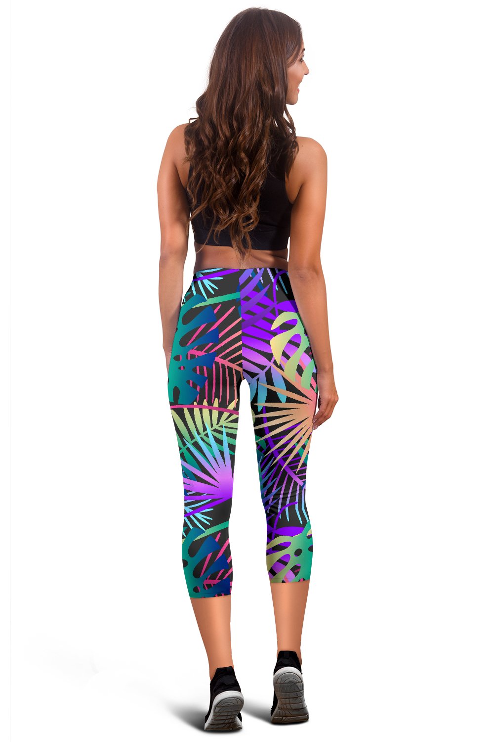 Neon Flower Tropical Palm Leaves Women Capris