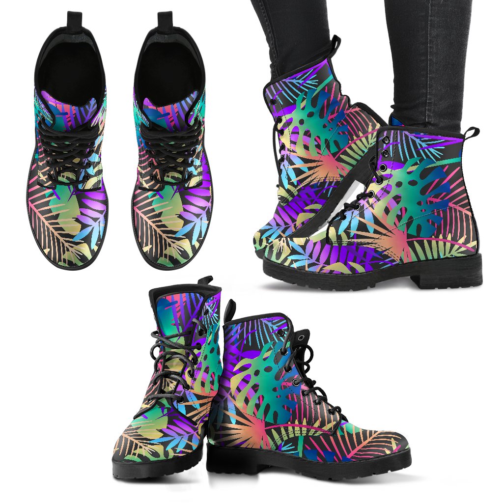 Neon Flower Tropical Palm Leaves Women Leather Boots-JTAMIGO.COM