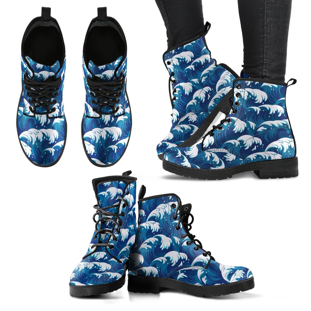 Ocean Wave Pattern Print Women Leather Boots-JTAMIGO.COM
