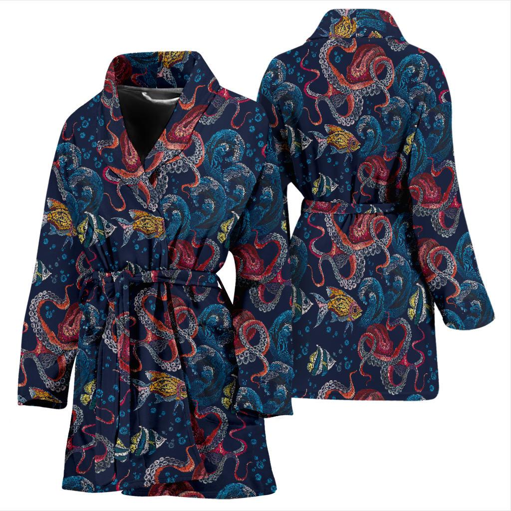 Octopus Deep Sea Print Themed Women Bath Robe-JTAMIGO.COM
