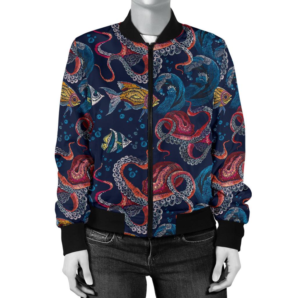 Octopus Deep Sea Print Themed Women Casual Bomber Jacket
