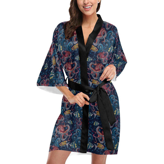 Octopus Deep Sea Print Themed Women Short Kimono Robe